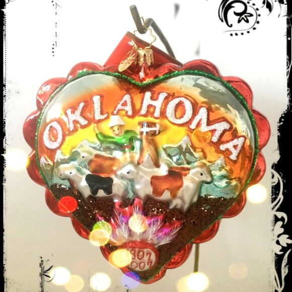 ✨ NEW Authentic Christopher Radko Love OKLAHOMA State Heart Shape Glass Ornament - Picture 1 of 8
